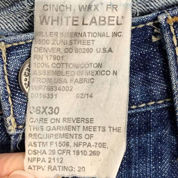 Cinch WRX FR Straight White Label Flame Resistant Blue Jeans 36x30 Workwear - Picture 9 of 11